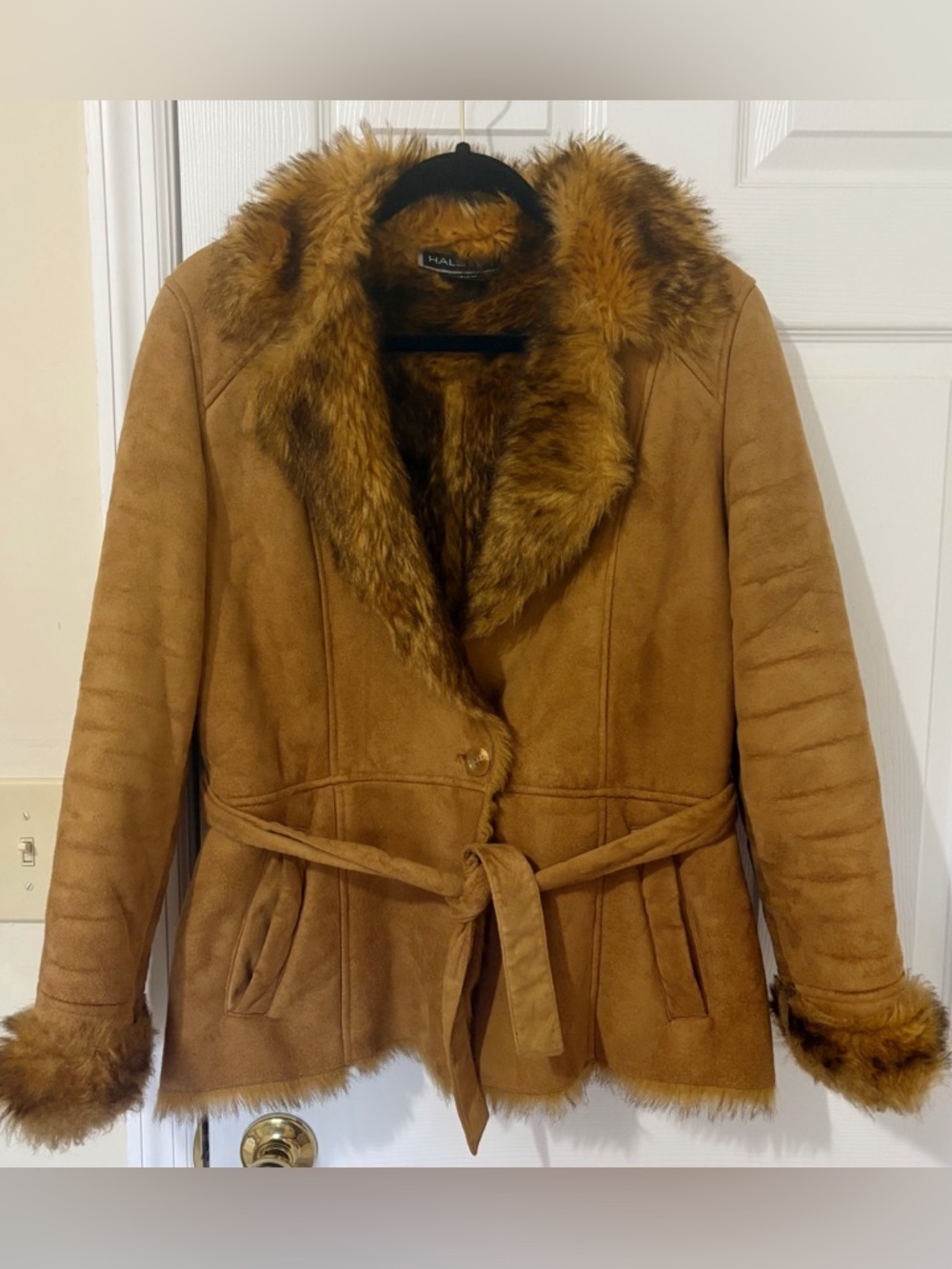Vintage Halston Tan Faux-Fur Trim Suede-Style Trench Coat